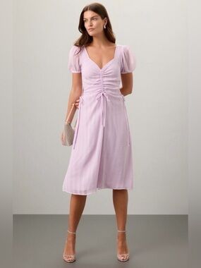 Louna Purple Cut Out Midi Dress Ruched Milkmaid Puff Sleeve Pastel Lilac S